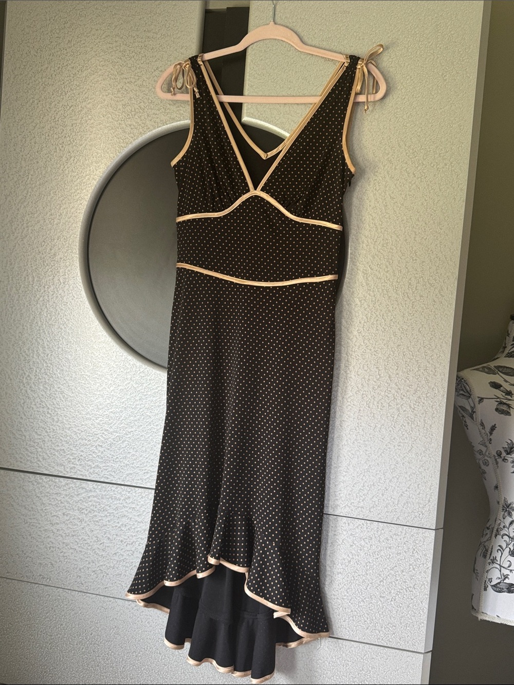 Vintage Rampage Black Polka Dot High-Low Dress with Cream Trim and Tie Straps